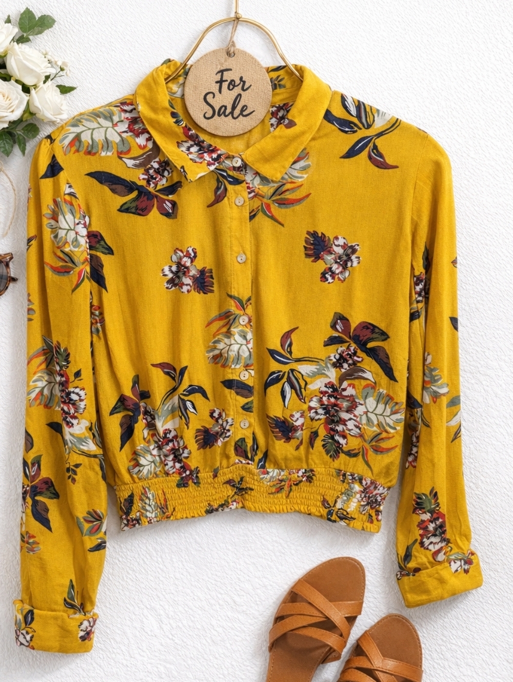ONLY Asos Mustard Yellow Floral Button-Down Blouse Top Size 38 PTP 20"